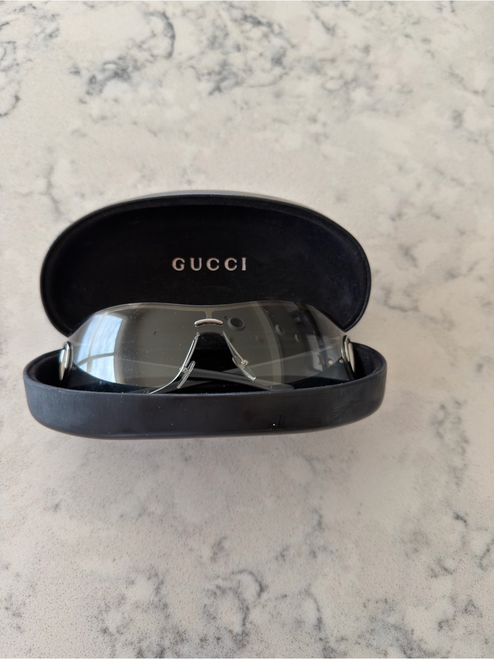 Gucci Women's Black Frame with Gray Shield Lens Sunglasses